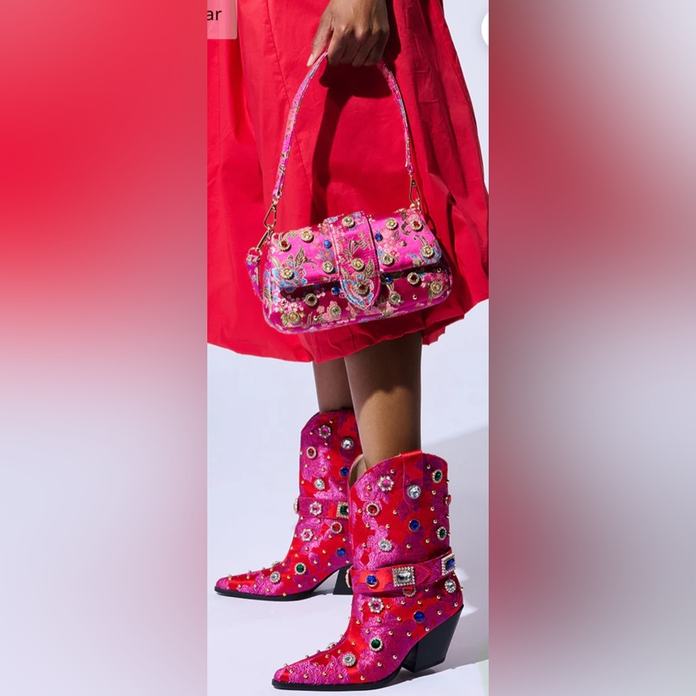 πΌπππNWOT AZALEA WANG DILIGENT RED BROCADE AND GEMS WESTERN BOOTIE. No box - Picture 3 of 15